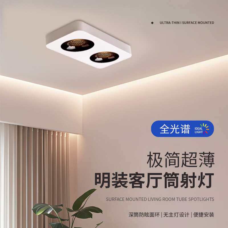 超薄明装单头双头三头免吊顶无主灯简约客厅卧室吸顶防眩筒灯射灯