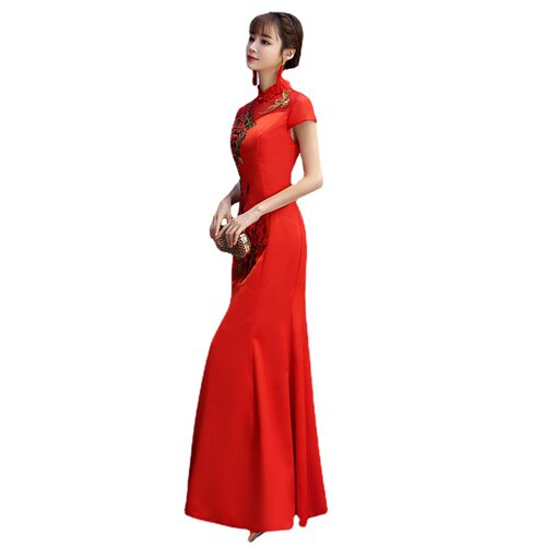2026新款红色绣娘旗袍夏季复古修身演出服走秀表演礼服连衣裙礼仪