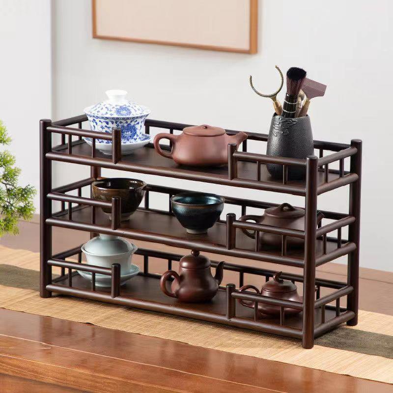 置物架复古收纳架展示架茶桌博古架多层茶架茶壶架楠竹晾茶杯