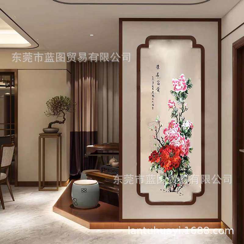 半透明纱布画隔断茶室酒店书房实木花格荣华富贵单双面刺绣屏风