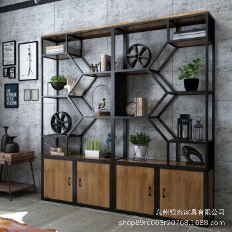 美式铁艺实木置物架复古博古架工业风办公室客厅隔断储物架波浪款