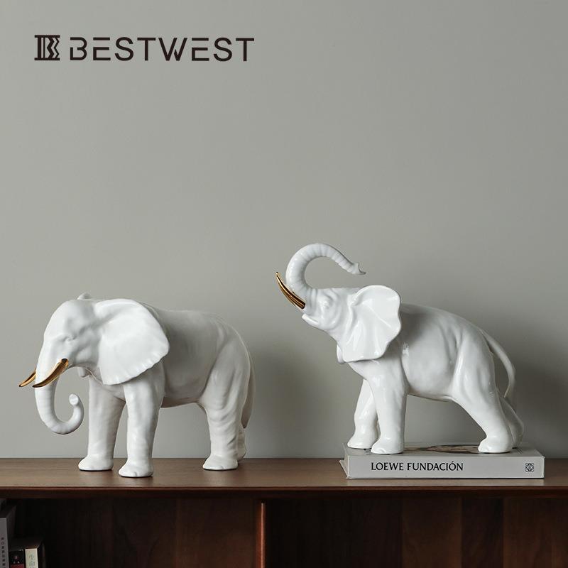 Best west 白色简约陶瓷大象动物摆件样板间设计师客厅桌面装饰品