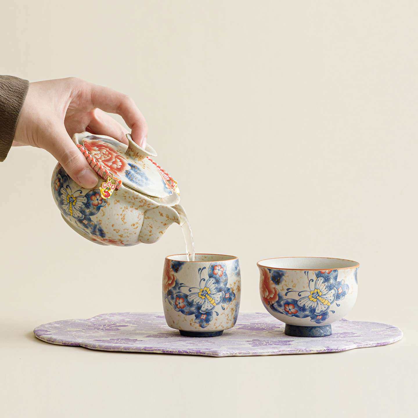 焦糖釉蝶恋牡丹宝瓶壶一壶二杯旅行茶具带锦绣干泡席家用简易泡茶
