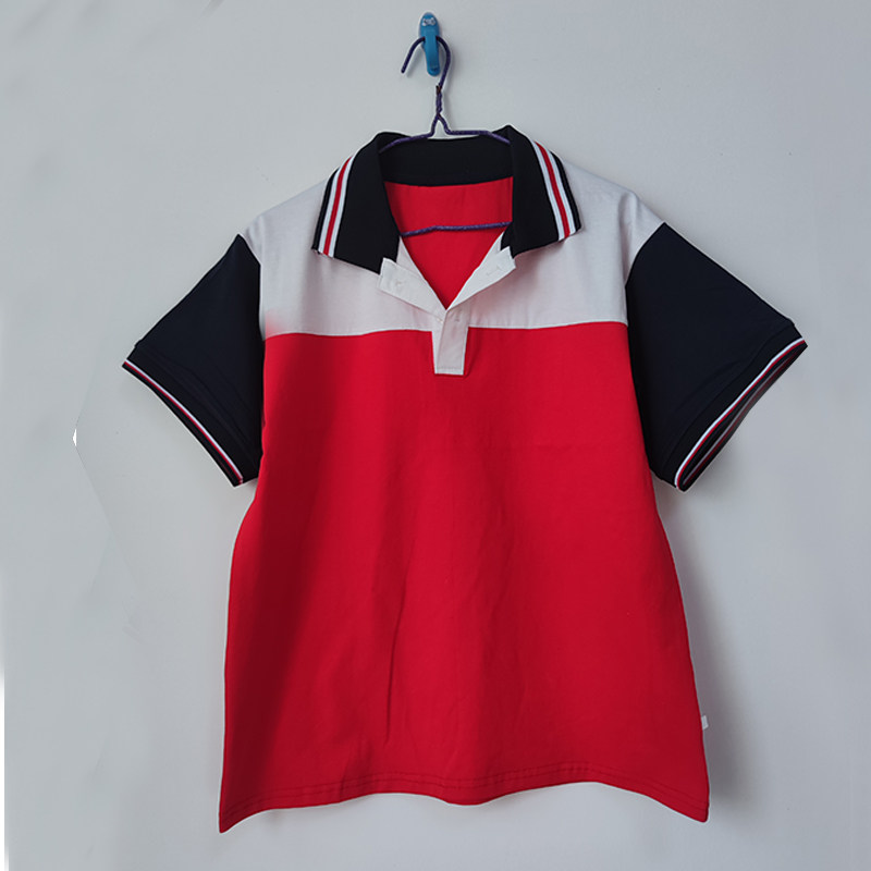 夏季白色拼大红校服短袖藏蓝袖藏蓝领男女通用班服POLO衫T恤上衣