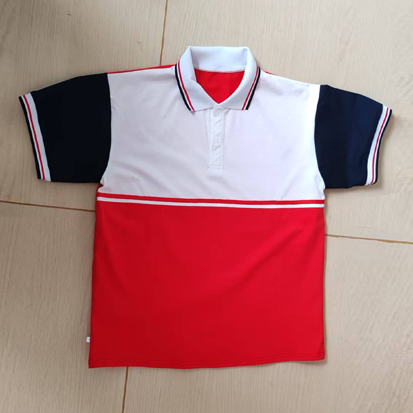 夏季白色拼大红短袖藏蓝袖白领红蓝条男女通用班服POLO衫上衣T恤