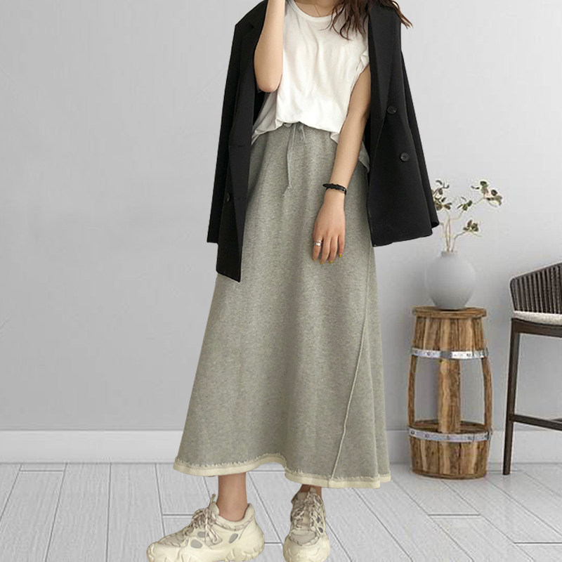 大码灰色运动半身裙女夏高腰显瘦胯大a字抽绳百搭气质休闲中长款