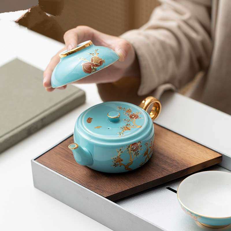 夫人瓷快客杯一壶二杯手绘硕果累累精致户外陶瓷茶杯便携茶具套装