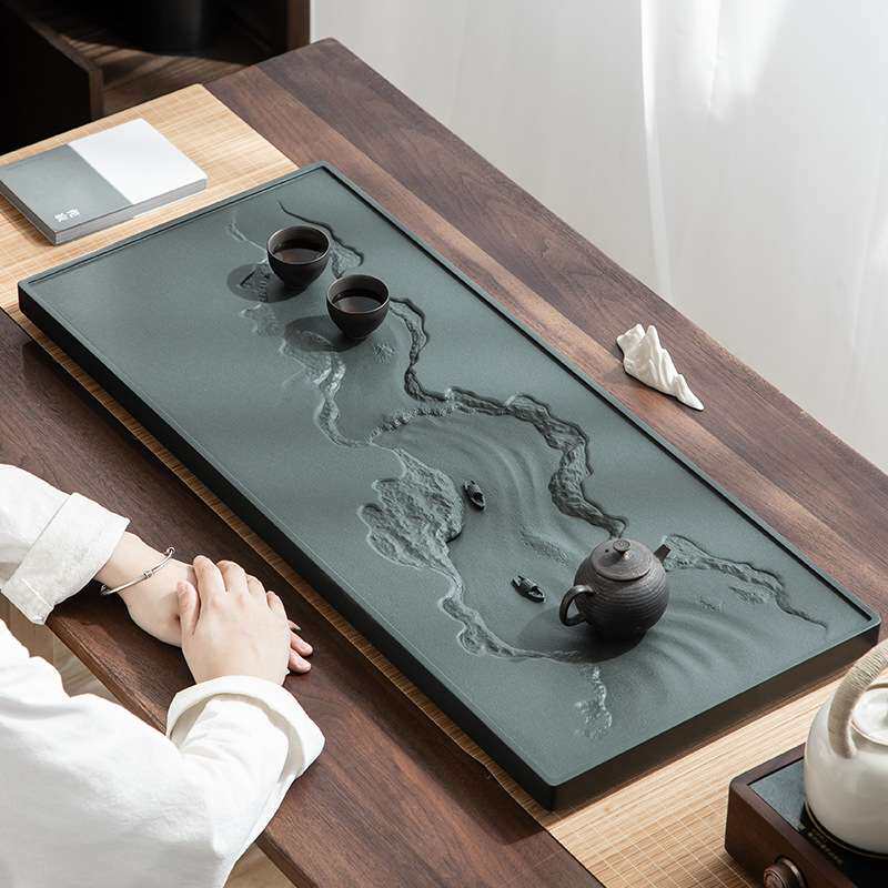 天罗绿青石茶盘整块家用简约石头茶台大小号石材排水茶海办公茶几