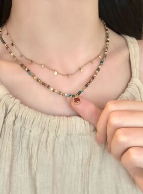 彩色天然石串珠叠戴项链配饰女美拉德复古吊坠颈链设计感锁骨链