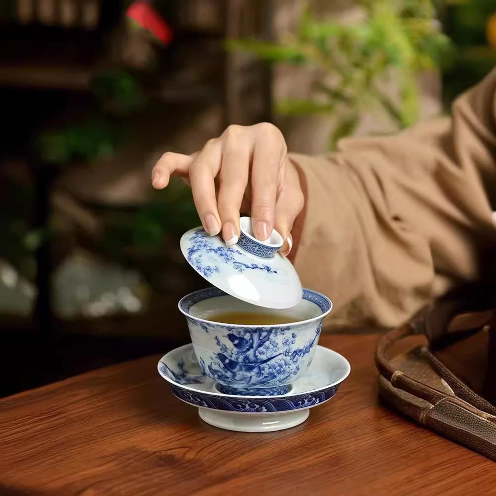 景德镇花鸟高足三才盖碗不烫手泡茶碗家用陶瓷青花大号功夫泡茶杯