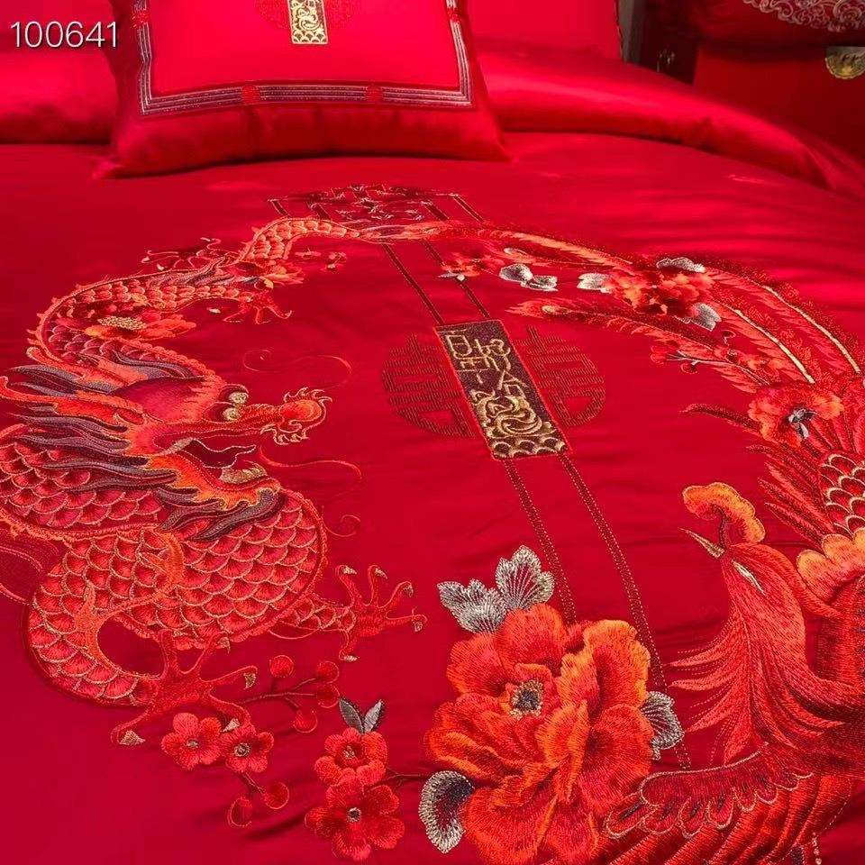 婚庆红色喜庆140S埃及长绒棉刺绣全棉四件套奢华床单床盖床上用品