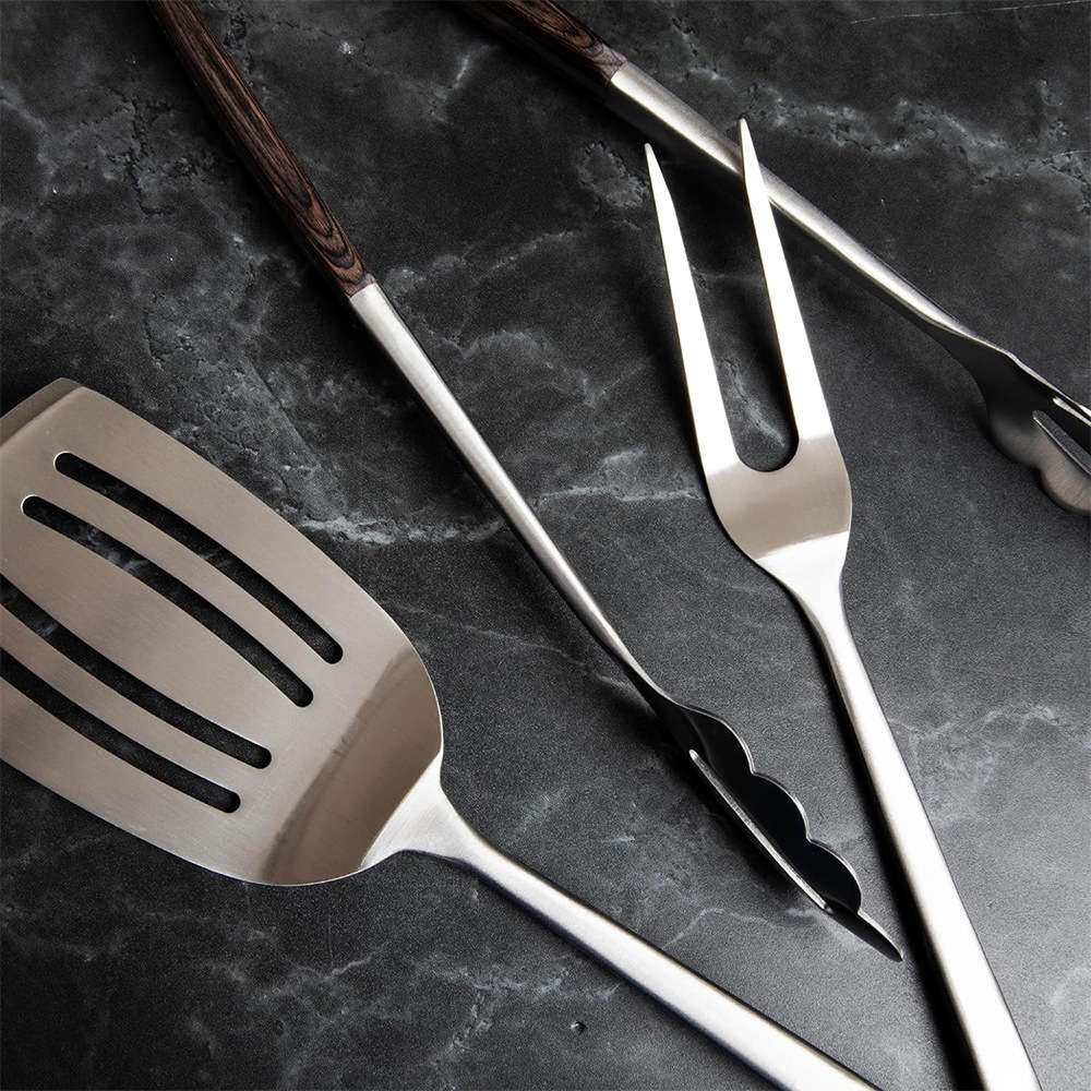 不锈钢烧烤工具户外用具多功能BBQ露营烤具木柄叉铲夹4件组合套装