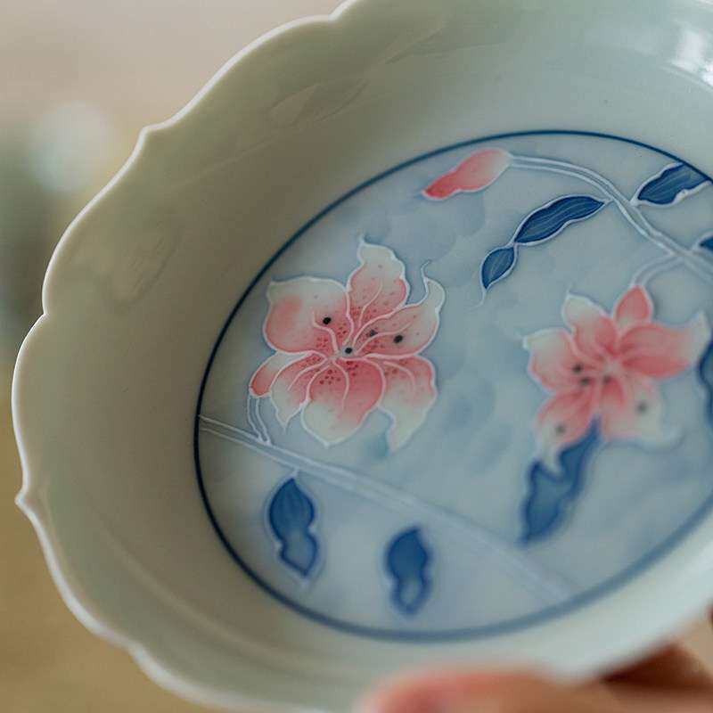 入野归松景德镇釉下彩绘馥郁百合葵口花瓣壶承干泡台茶承壶茶点盘