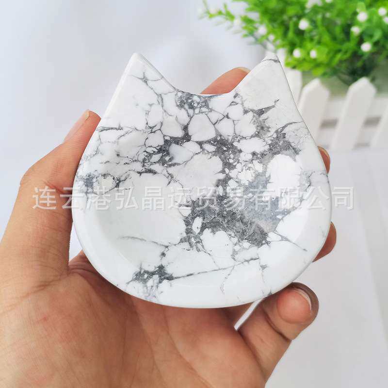 天然白纹石碗猫耳朵碗白松石猫盘水晶碗工艺品摆件家居装饰