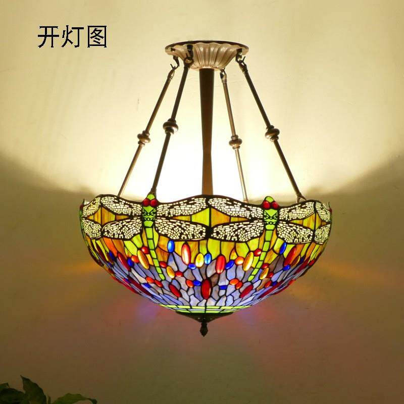 铁艺吊灯 现代简约蒂凡尼彩色吊灯 蜻蜓客厅反吊灯 灯饰厂家复古