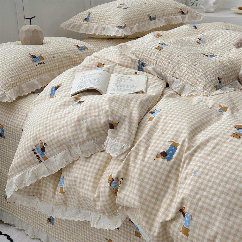 纯棉砂洗腊肠狗床盖三件套全棉花边款绗缝夹棉床单四季被套枕套
