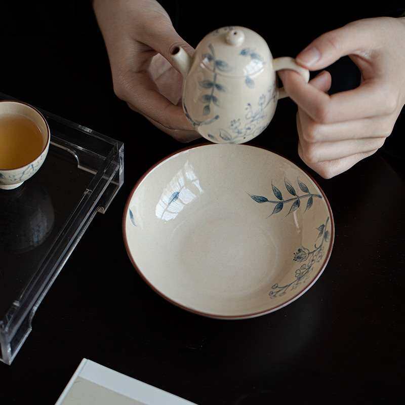 弥言粉引青花纯手绘壶承家用茶壶盖碗蓄水茶盘日式小型干泡盘粗陶
