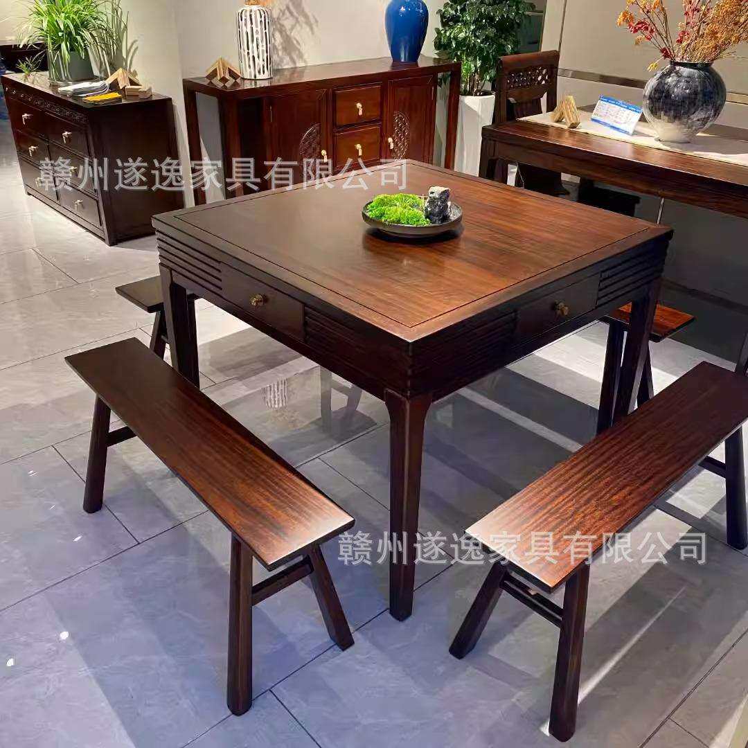 新中式黑檀木八仙桌方餐桌带4抽屉 尺寸:1米*1米