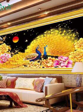 青飞5D立体金色孔雀九鱼富贵图十字绣聚财黄金牡丹客厅越南柬埔寨