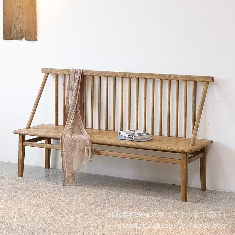 新中式老榆木双人靠背沙发椅长条椅民宿酒店床尾沙发椅实木沙发椅