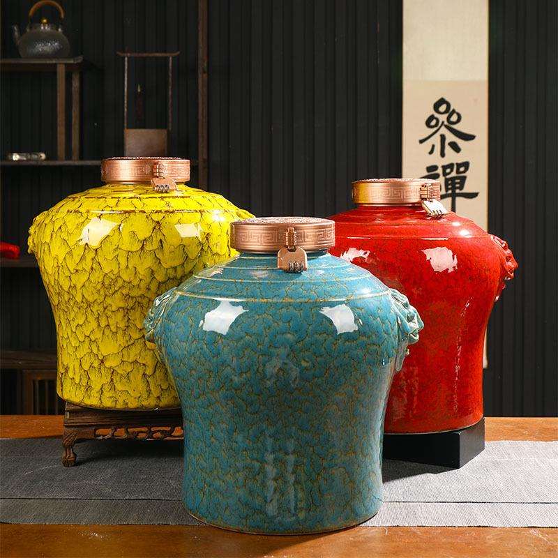 陶瓷专用泡酒酒坛双耳花釉带龙头10/20/30/50斤存酒酒罐密封摆件