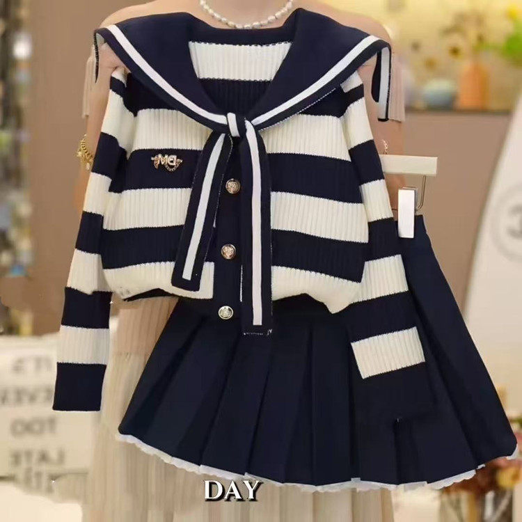 2026年春秋新款现货披肩毛衣开衫百褶裙套装