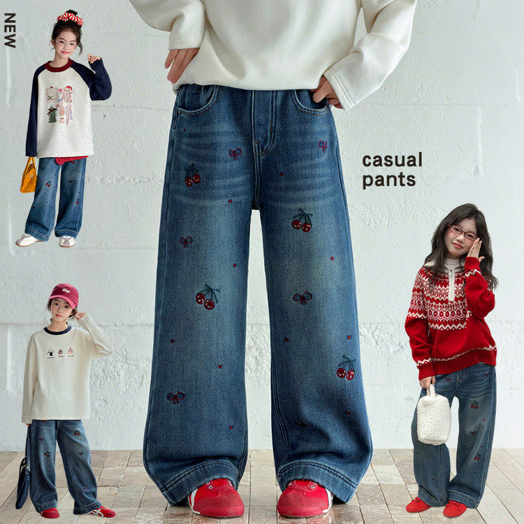 樱桃刺绣加绒牛仔裤中大童牛仔布刺绣无弹秋冬裤子