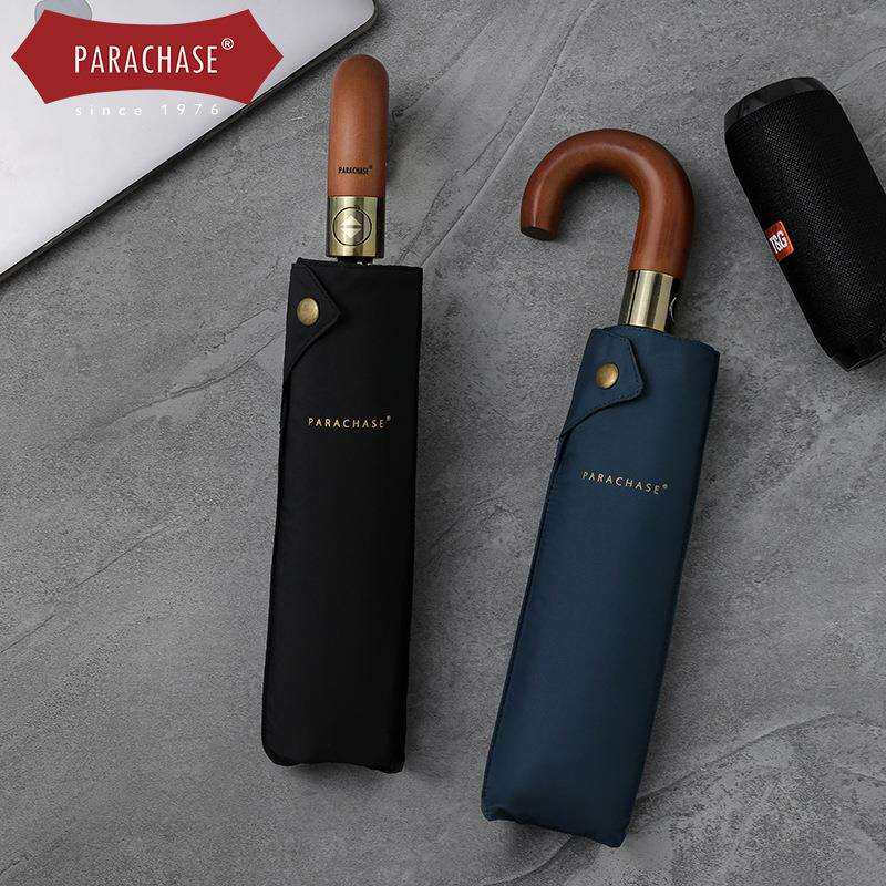 PARACHASE木弯柄全自动伞十骨300T记忆布双人雨伞自开收抗风伞男