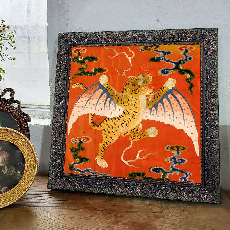 新年吉祥寓意新中式中古风小众个性麒麟装饰画心茶室画芯含画框