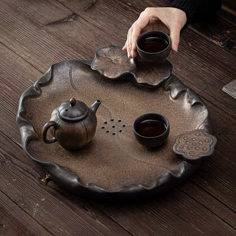 日式鎏金铁釉清荷莲香茶盘 陶瓷蓄水储水排水双用干泡盘茶台茶托