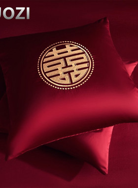 高档酒红纯棉婚庆抱枕100支长绒棉刺绣靠垫结婚床品45*45CM60*60