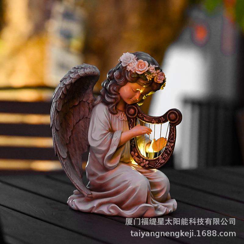 天使花园雕像摆件庭院树脂工艺品草坪户外太阳能灯小女孩抚琴摆件