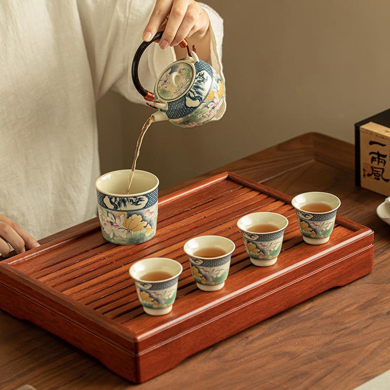 中式景德镇粉彩荷韵茶壶提梁壶茶杯品茗杯茶盘家用办公陶瓷茶具套