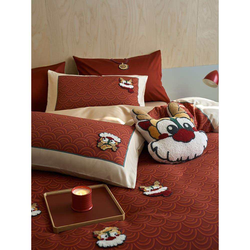 送抱枕新年喜庆红色A类100支全棉四件套可爱龙毛巾绣纯棉床单床笠