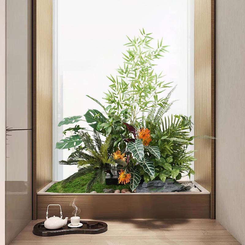 中式仿真竹子绿植物造景室内软装花草摆件橱窗角落石头青苔景观