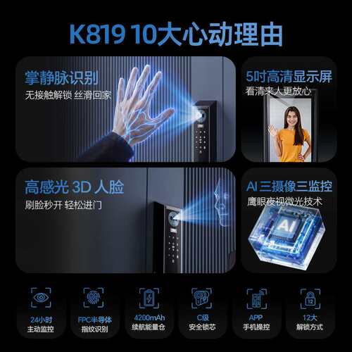 44全自动智能指纹门锁家用防盗门人脸指纹可视内外三摄三监控