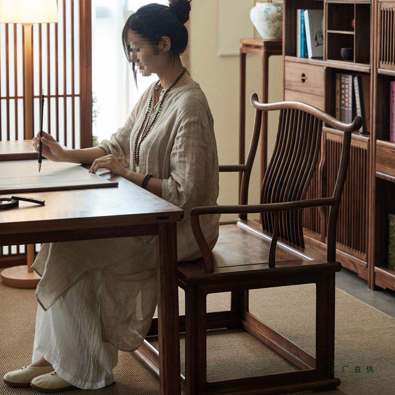 新中式太师主人椅休闲禅意打坐椅椅围椅圈椅北美黑胡桃木茶椅