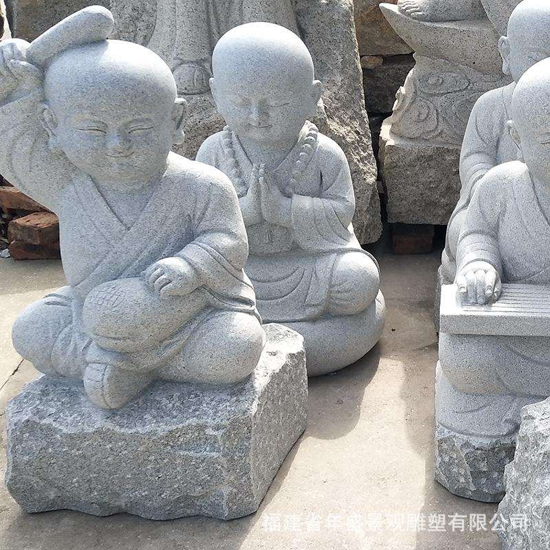 工厂石雕小和尚 景区草地摆放小孩雕塑花岗岩石头小沙弥雕像