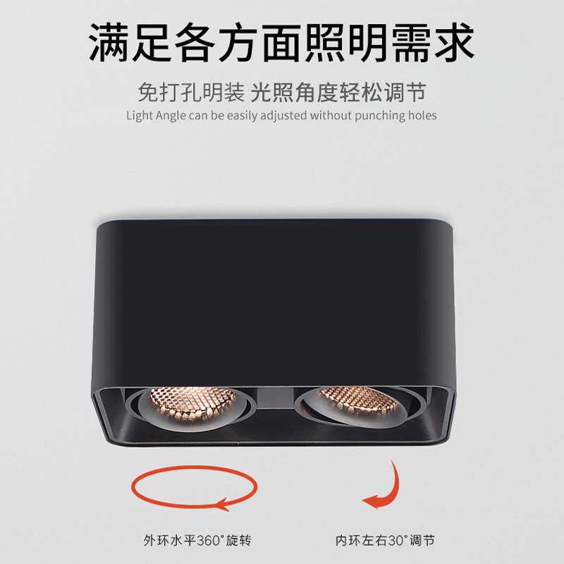 明装LED筒灯家用方形客厅过道可调节吸顶高显指双头蜂窝网斗胆灯