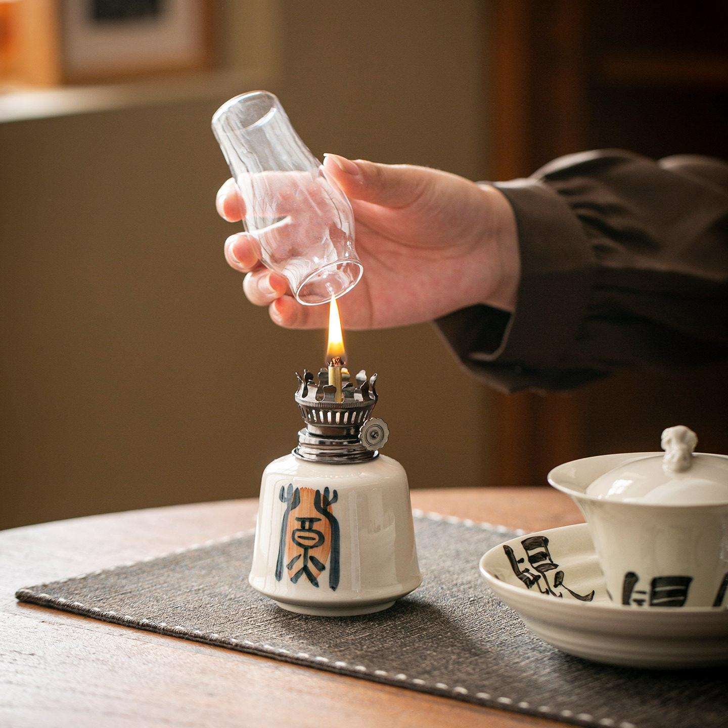 草木灰手写书法陶瓷酥油灯小摆件创意防风煤油灯小夜灯茶室装饰品