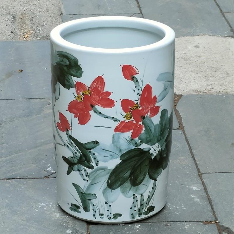 陶瓷书画筒雨伞缸手绘荷花卷轴字画缸家居书房装饰陶瓷摆件收藏品