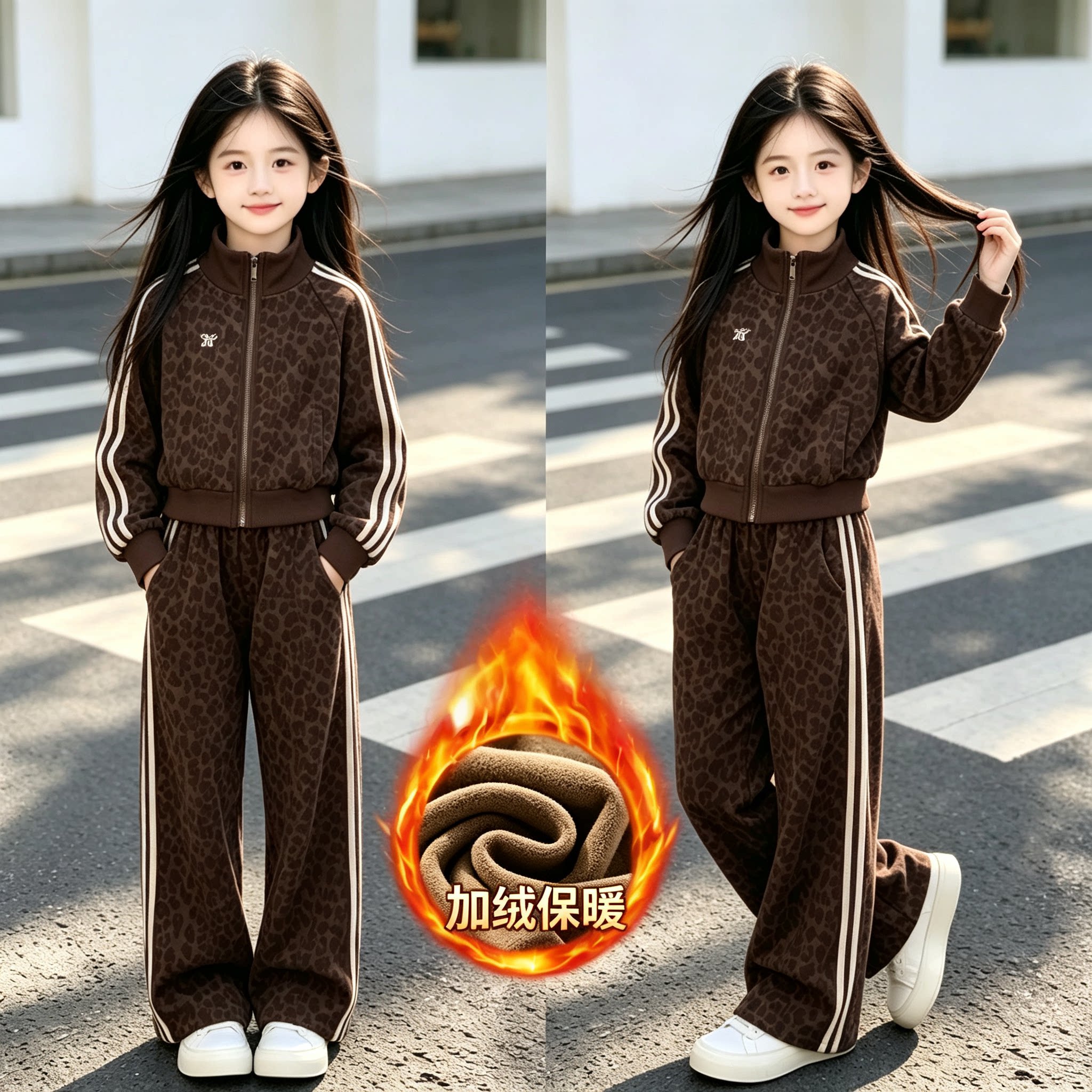 女童秋冬加厚套装2026新款中大童加绒卫衣外套潮酷豹纹运动两件套