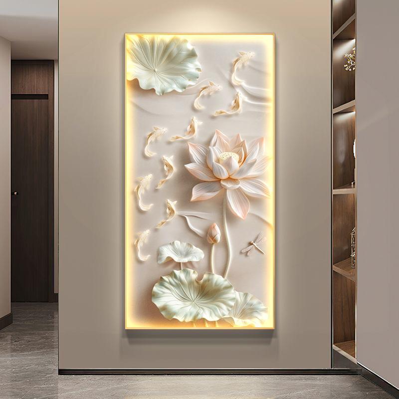 荷花入户玄关装饰画现代简约九鱼客厅走廊过道挂画LED锦鲤壁画灯