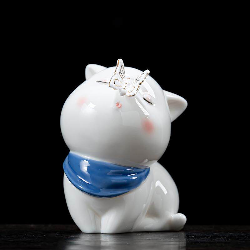 陶瓷可爱小猫咪摆件 创意书桌办公室工位解压桌面动物轻奢装饰品