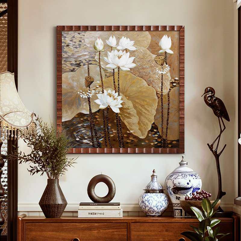 【池中荷】中古风肌理荷花纯手绘油画客厅玄关背景装饰画轻奢挂画