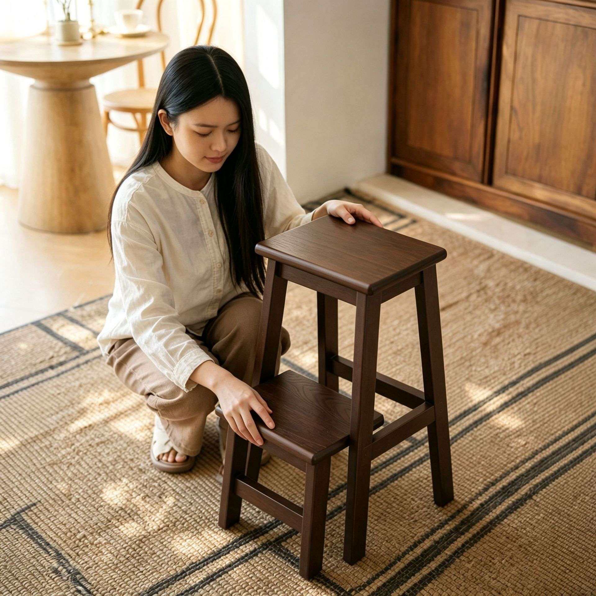 【整装发货】梯凳家用两步梯实木梯子登高花架多功能推拉两用