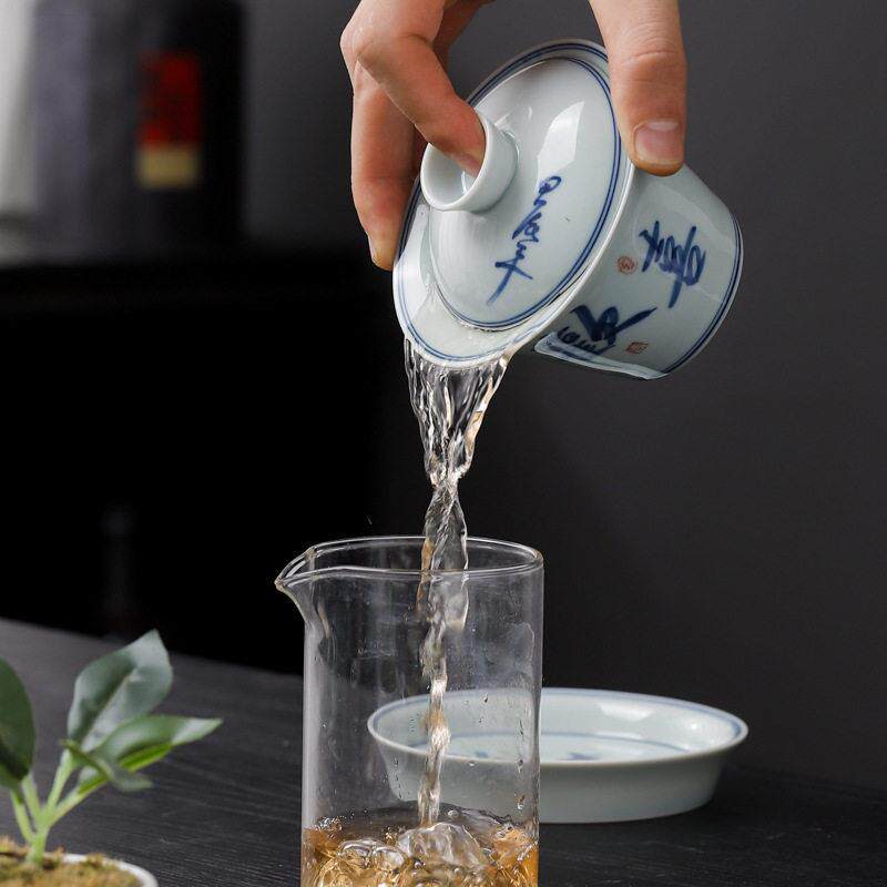 青花悬停三才盖碗釉下手写字体泡茶碗大号家用陶瓷功夫泡茶器茶杯