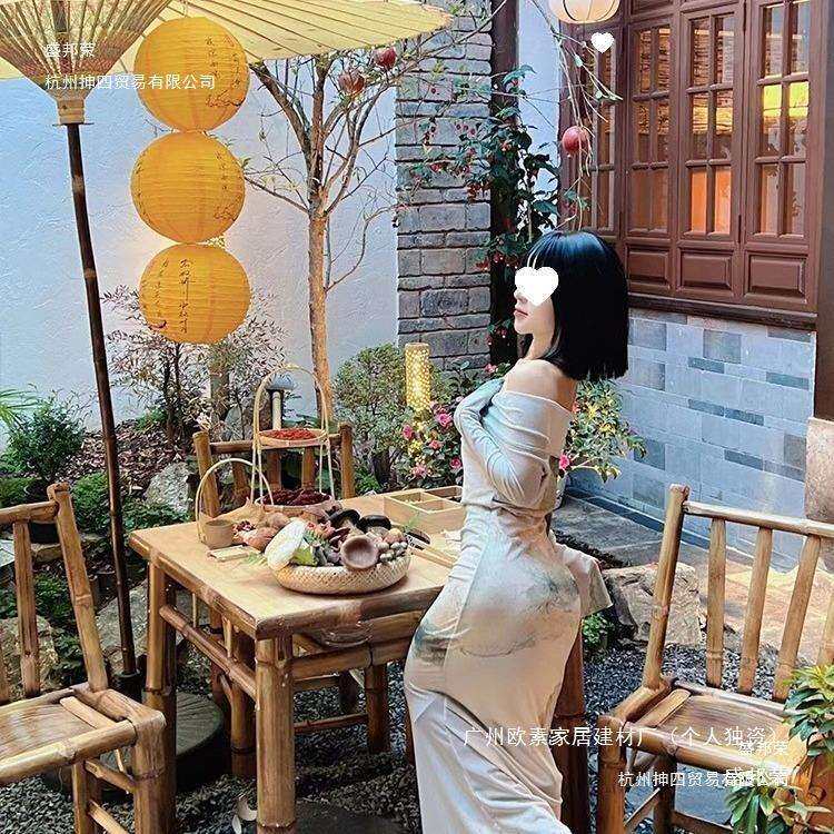 竹子餐桌商用方桌烧烤火锅店饭店复古竹椅子桌子食堂餐厅桌椅组合