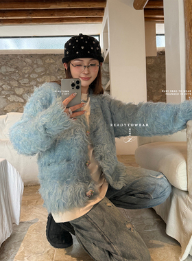 Rubyoffice 手工羊毛拉毛毛衣设计感百搭宽松显瘦V领开衫外套女