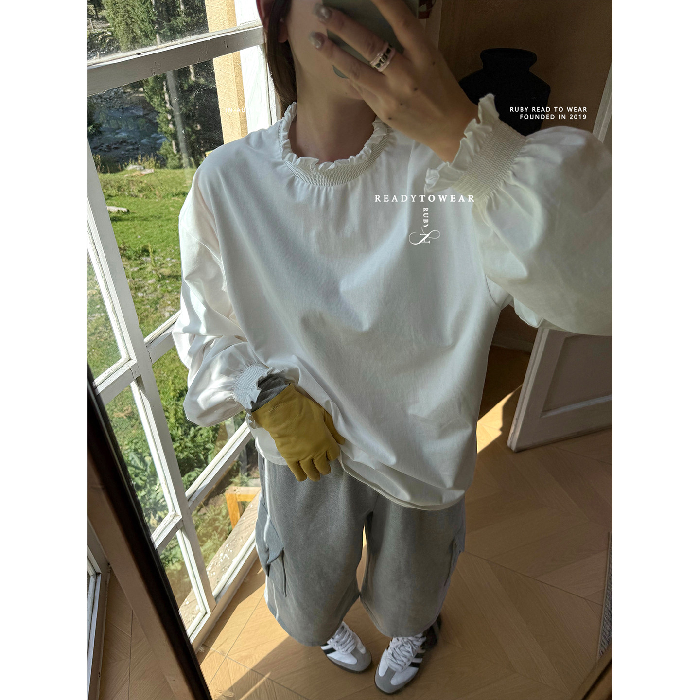 Rubyoffice 白色花边领基础tee女小众简约百搭宽松长袖打底衫上衣